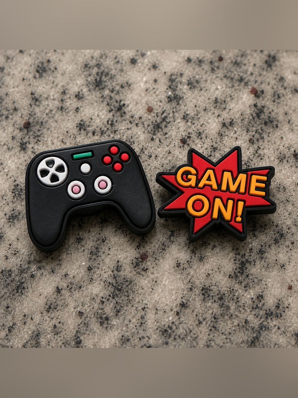 CROCS Black Game Controller Charm with Red & Orange "Game On!" Pin